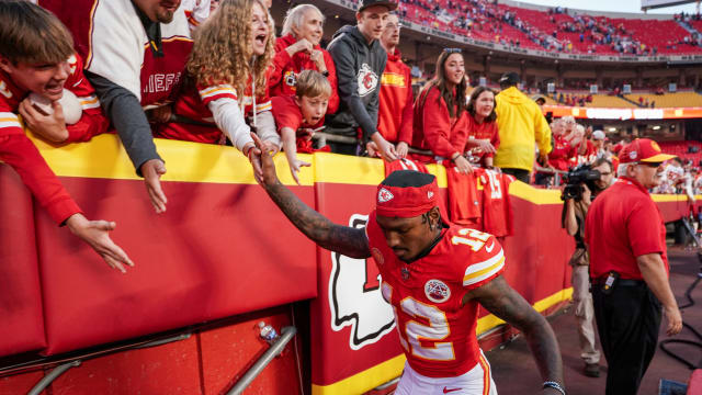Oct 22, 2023; Kansas City, Missouri, USA; Kansas City Chiefs wide receiver Mecole Hardman Jr. (12) leaves the field after the win over the Los Angeles Chargers at GEHA Field at Arrowhead Stadium. Mandatory Credit: Denny Medley-USA TODAY Sports  